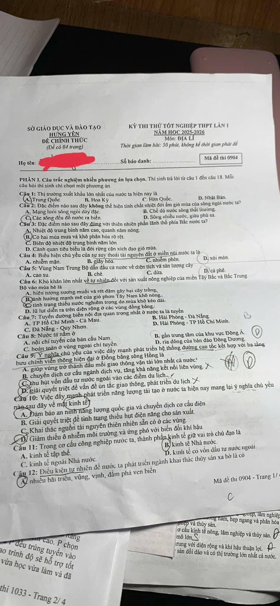 Đề thi thử THPTQG môn Địa Hưng Yên 2026 lần 1 