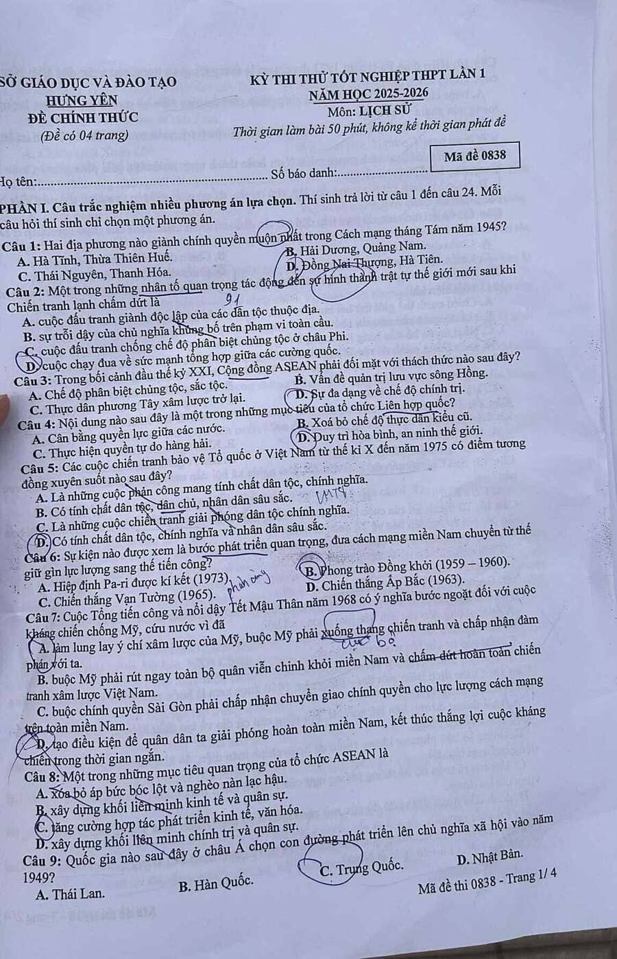 Đề thi thử tốt nghiệp môn sử Hưng Yên 2026 lần 1