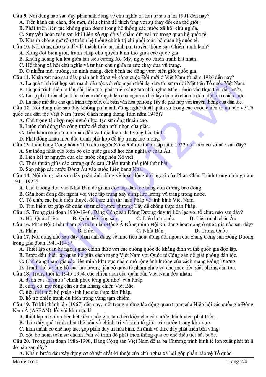 Đề thi thử tốt nghiệp môn sử Nghệ An 2026 lần 1 2