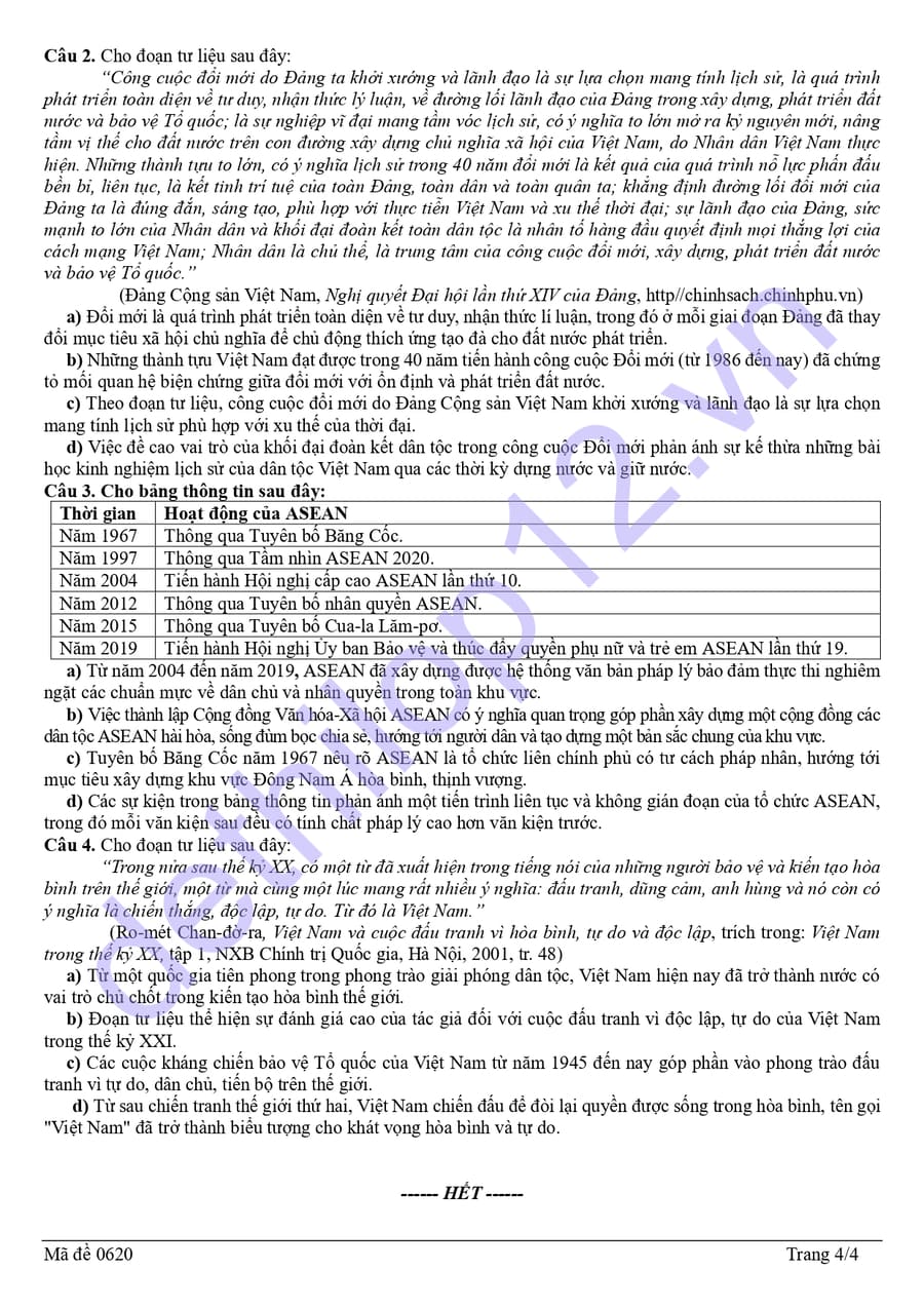 Đề thi thử tốt nghiệp môn sử Nghệ An 2026 lần 1 4