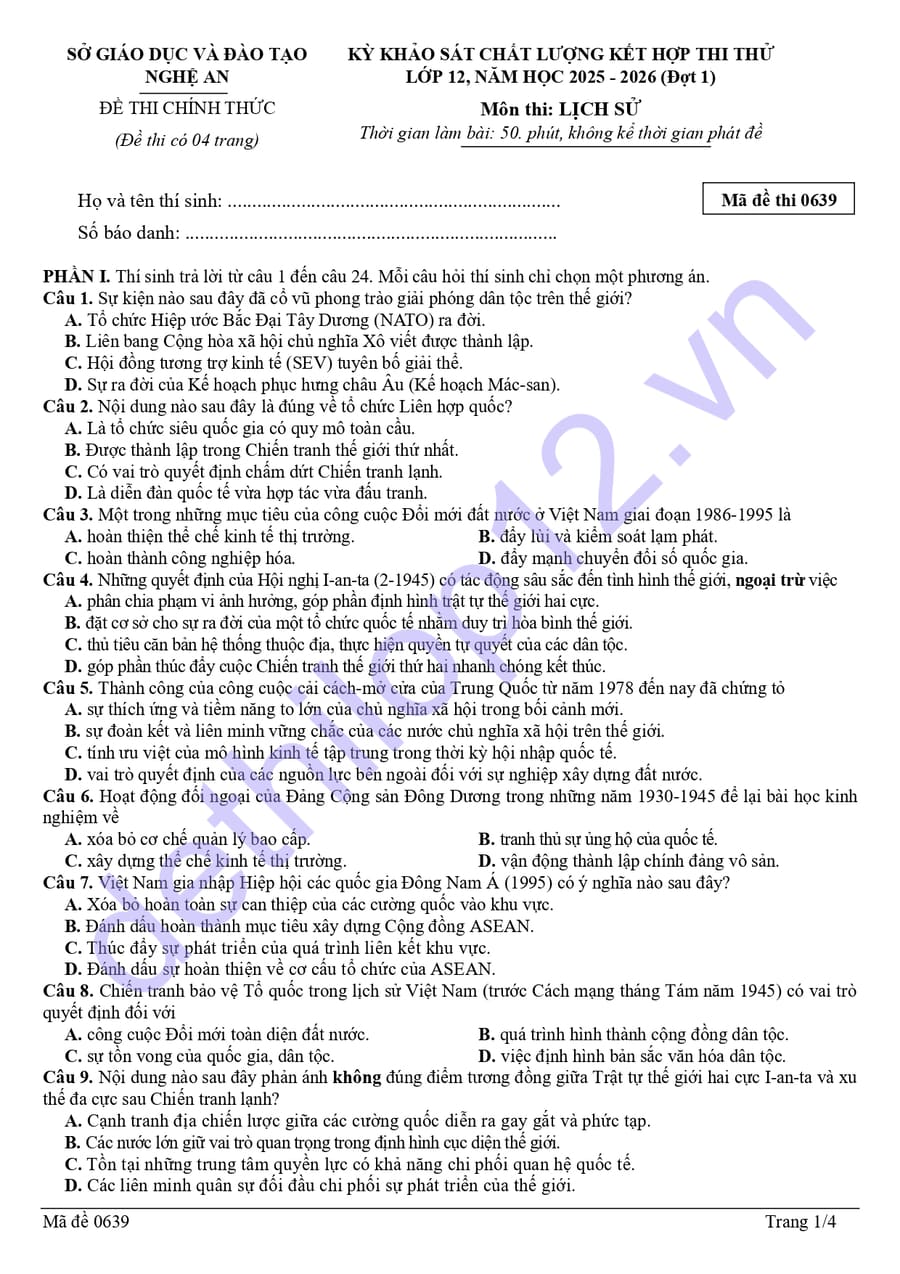 Đề thi thử tốt nghiệp môn sử Nghệ An 2026 lần 1 mã lẻ