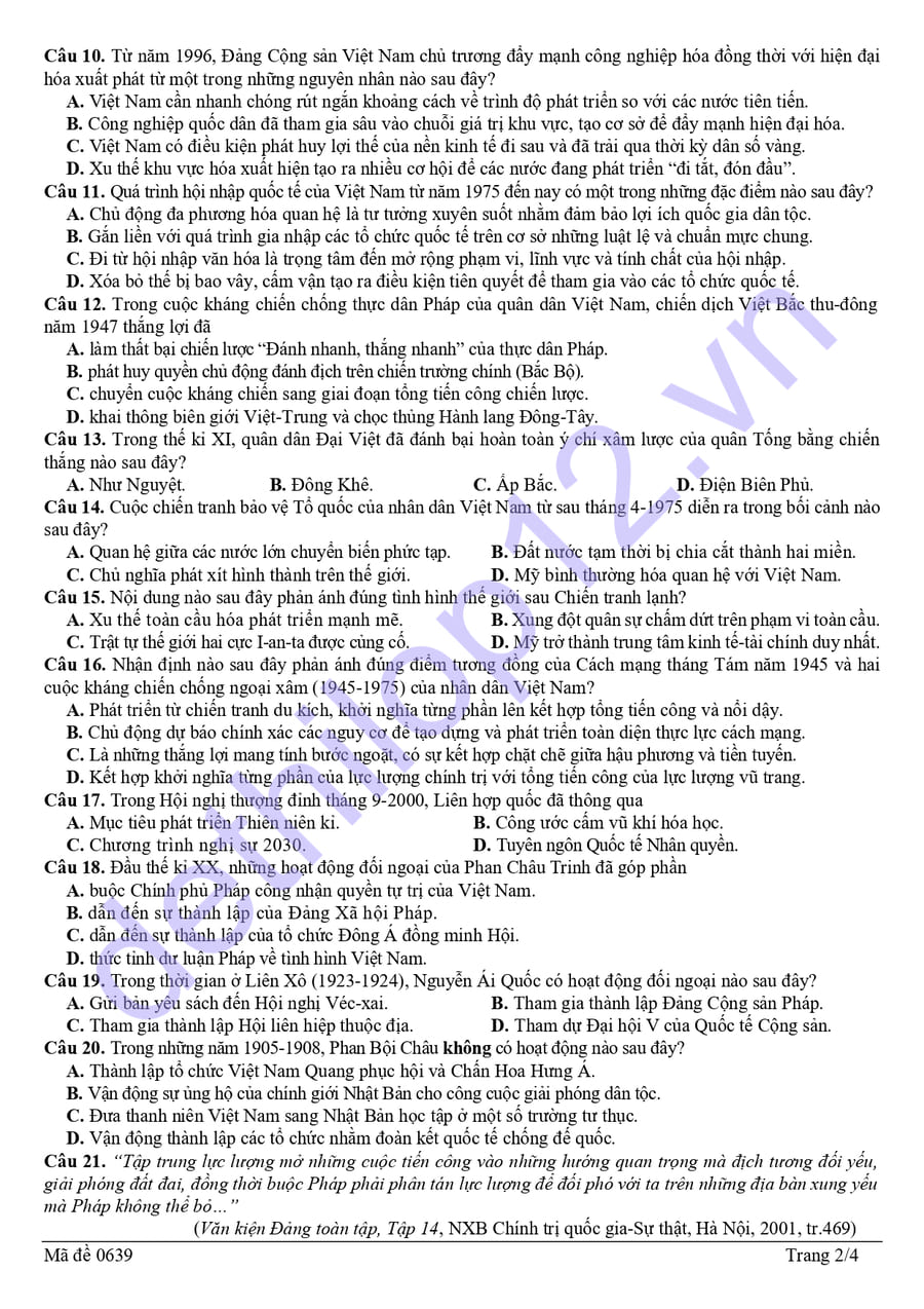 Đề thi thử tốt nghiệp môn sử Nghệ An 2026 lần 1 mã lẻ 2