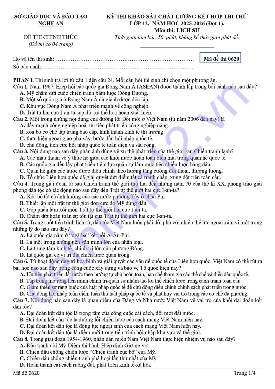 Đề thi thử tốt nghiệp môn sử Nghệ An 2026 lần 1