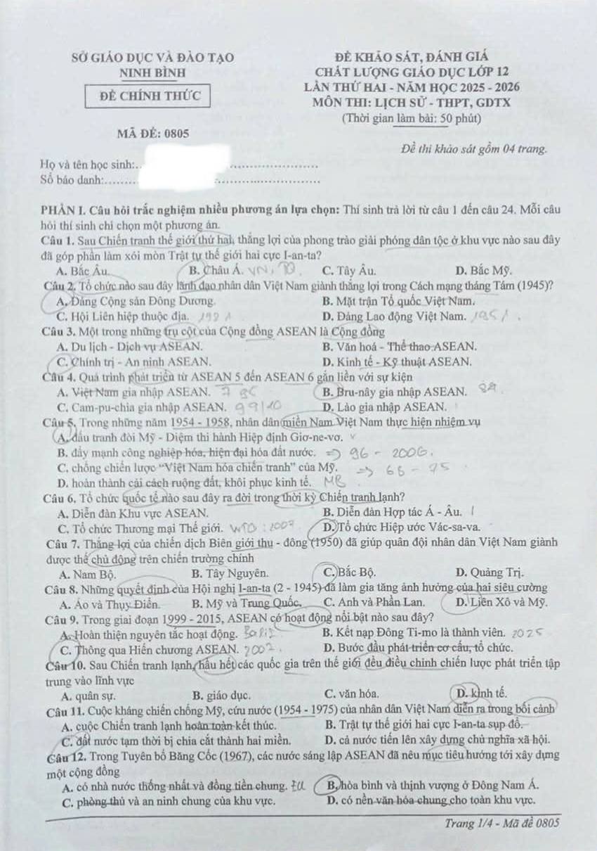 Đề thi khảo sát môn Sử Ninh Bình 2026 lần 2 