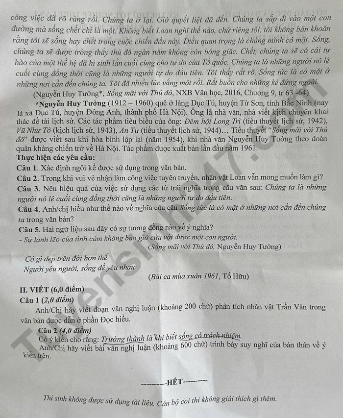 Đề thi thử tốt nghiệp môn văn Hưng Yên 2026 lần 1 2