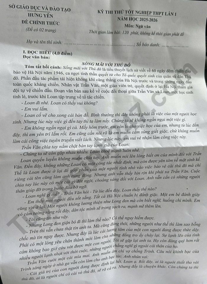 Đề thi thử tốt nghiệp môn văn Hưng Yên 2026 lần 1