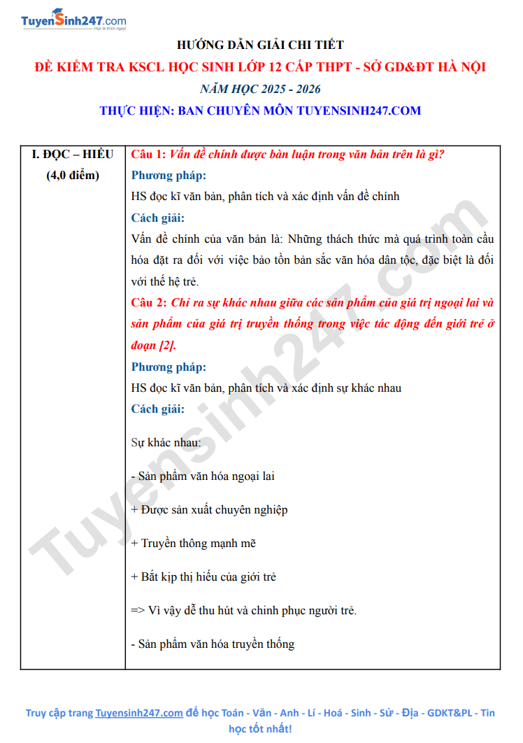 Đáp án Đề thi tốt nghiệp môn văn thành phố Hà Nội 2026 