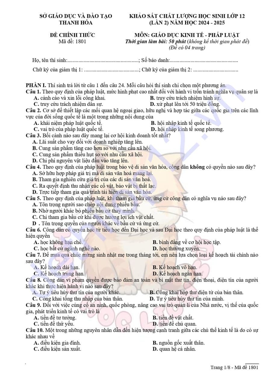 Đề thi thử tốt nghiệp môn KTPL Thanh Hoá 2025 lần 2