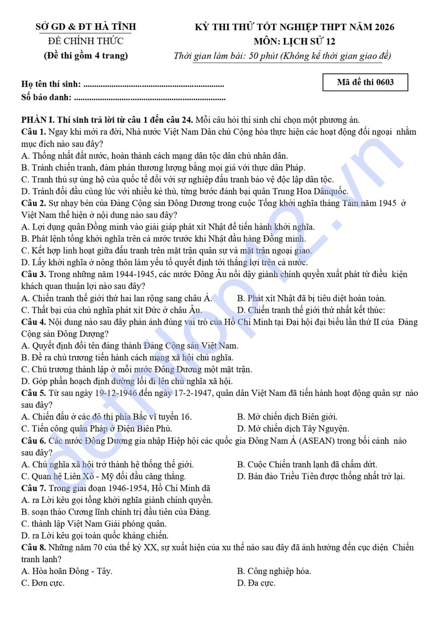 Đề thi thử lịch sử THPTQG 2026 Hà Tĩnh Lần 1 