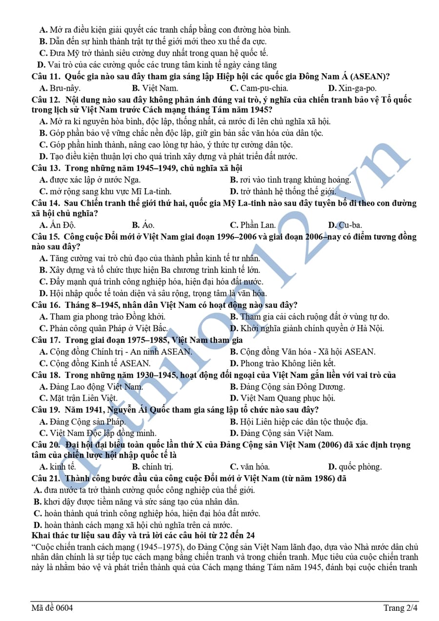 Đề thi thử lịch sử THPTQG 2026 Hà Tĩnh Lần 1 đề chẵn 2