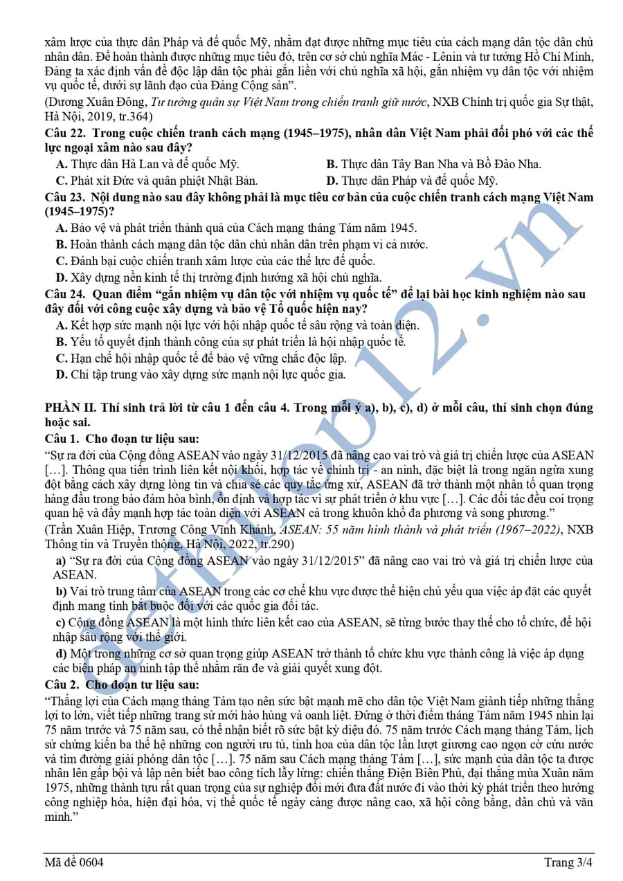 Đề thi thử lịch sử THPTQG 2026 Hà Tĩnh Lần 1 đề chẵn 3
