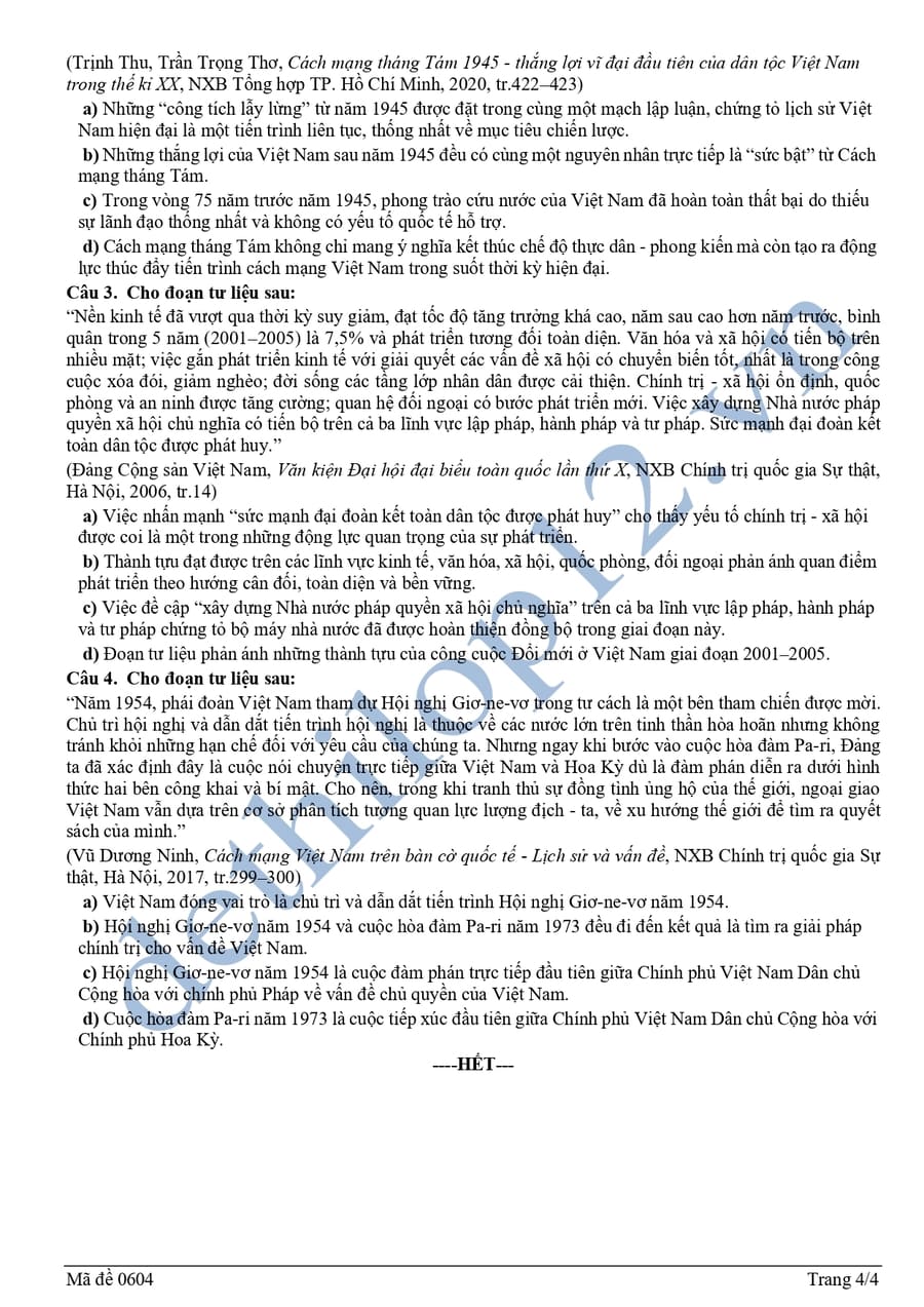 Đề thi thử lịch sử THPTQG 2026 Hà Tĩnh Lần 1 đề chẵn 4