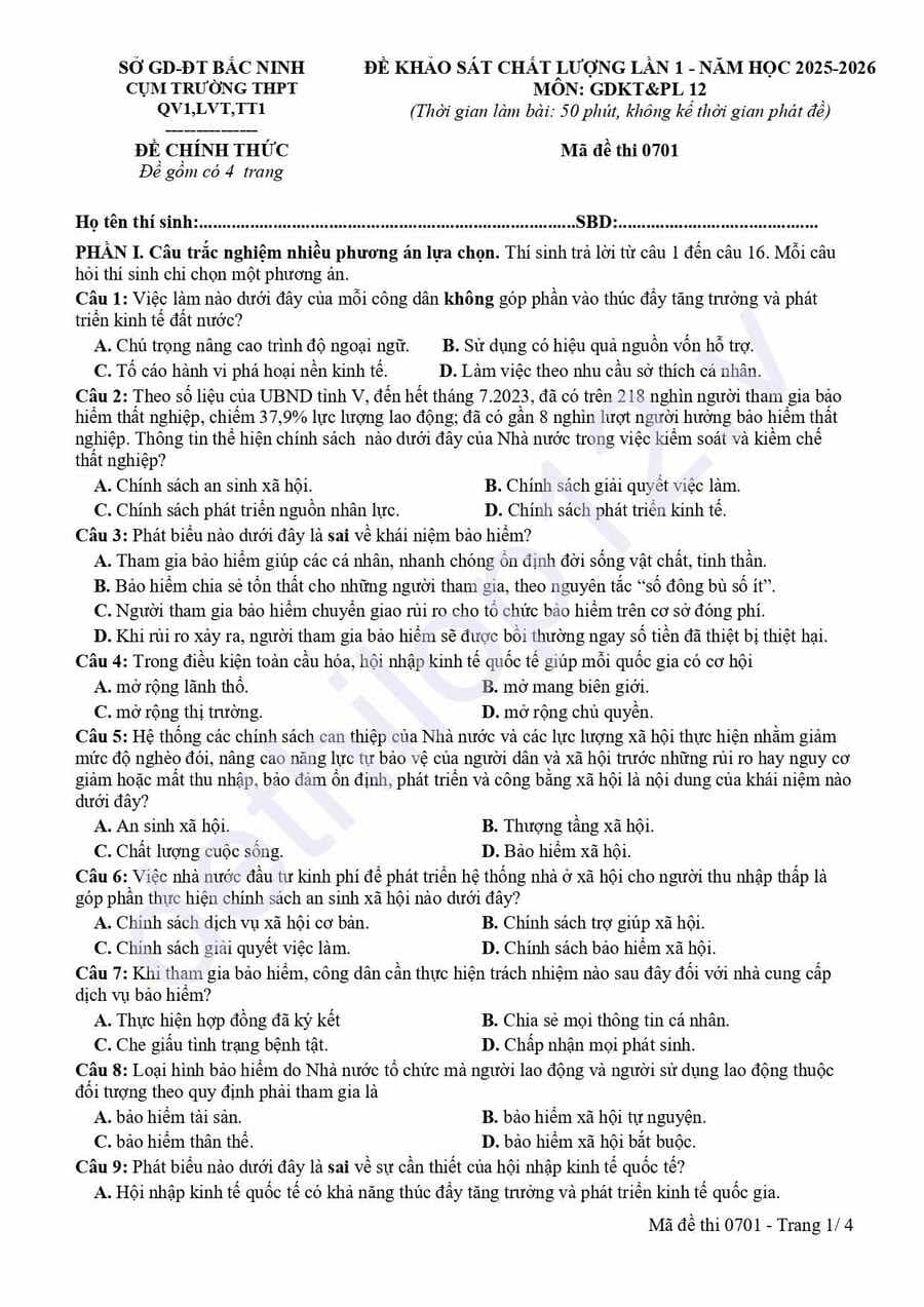 Đề thi thử tốt nghiệp môn KTPL cụm THPT Bắc Ninh 2026