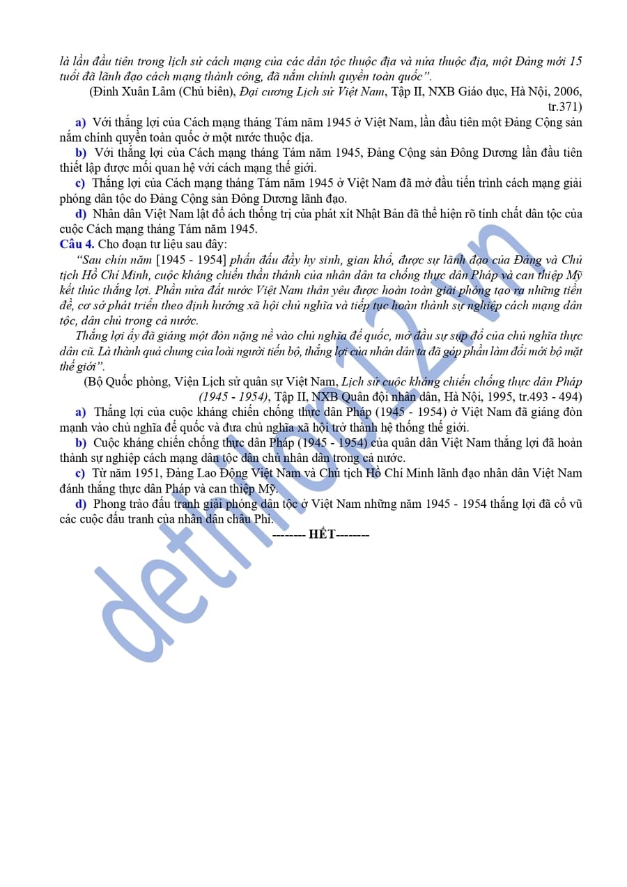 Đề thi thử tốt nghiệp môn sử Lạng Sơn 2026 lần 1 có đáp án 4