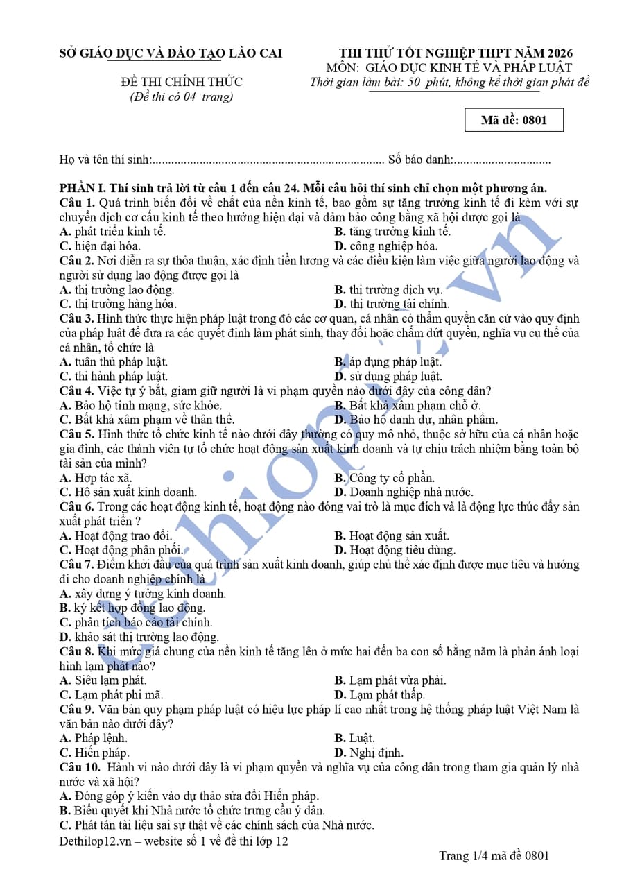 Đề thi thử kinh tế pháp luật Lào Cai 2026 lần 1 