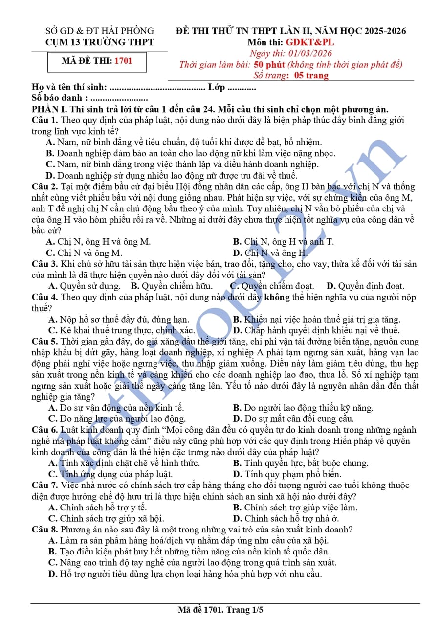 Đề thi thử môn sử cụm 13 trường THPT Hải Phòng 2026