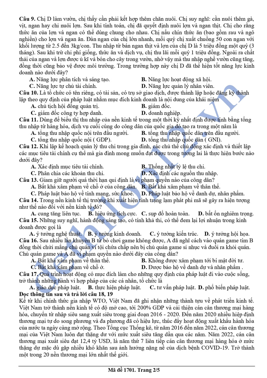 Đề thi thử môn KTPL Cụm 13 trường THPT Hải Phòng lần 2 2