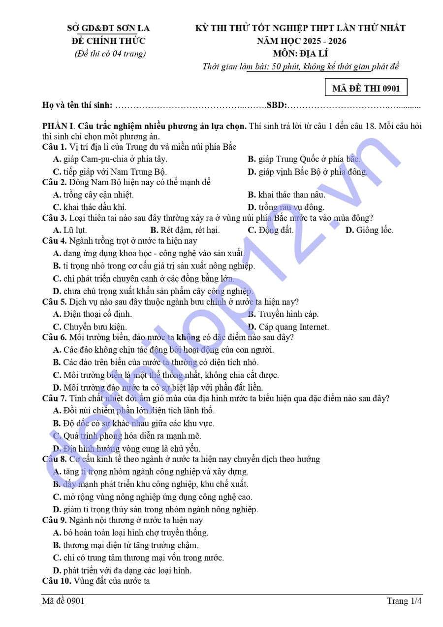 Đề thi thử tốt nghiệp môn địa Sơn La 2026 lần 1 