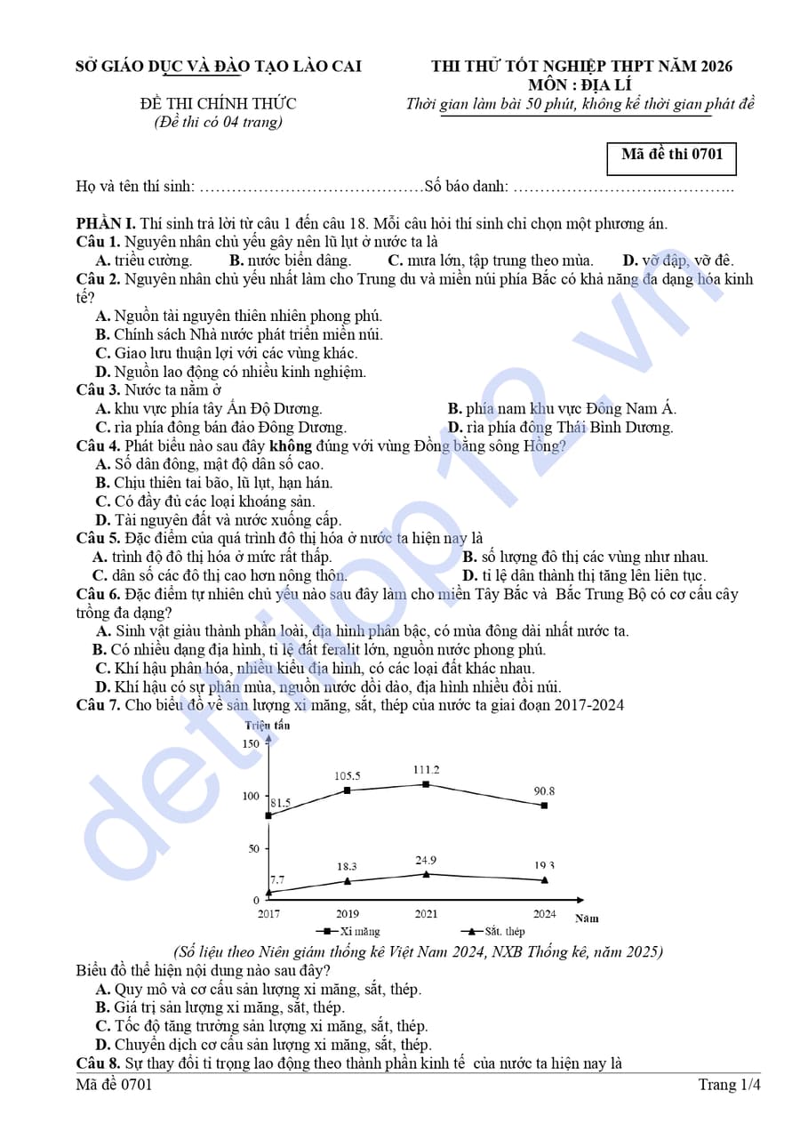 Đề thi thử tốt nghiệp môn địa Lào Cai 2026 có đáp án