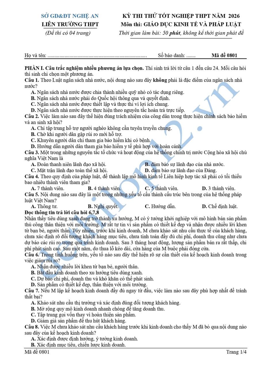 Đề thi thử tốt nghiệp KTPL liên trường Nghệ An 2026