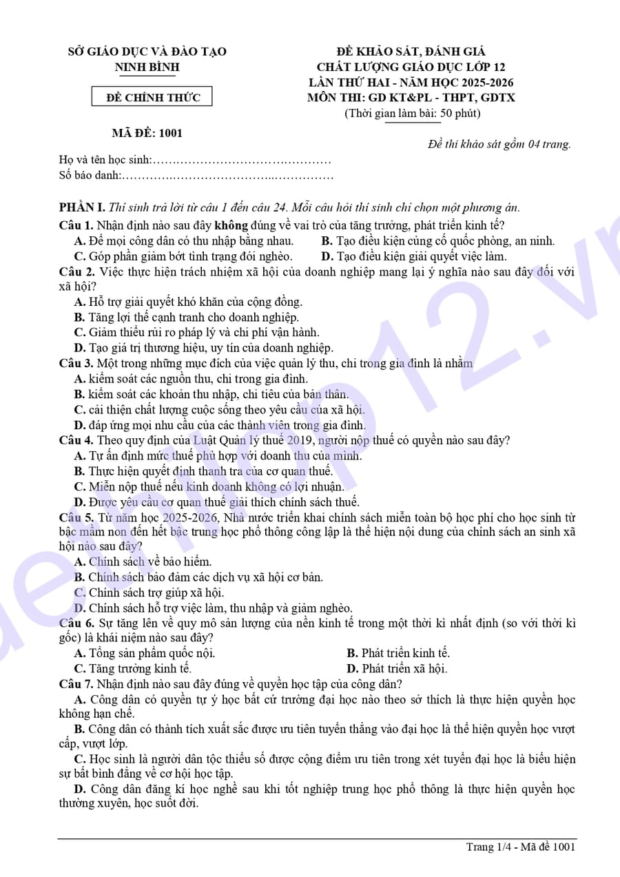 Đề thi thử tốt nghiệp môn KTPL Ninh Bình 2026 lần 2