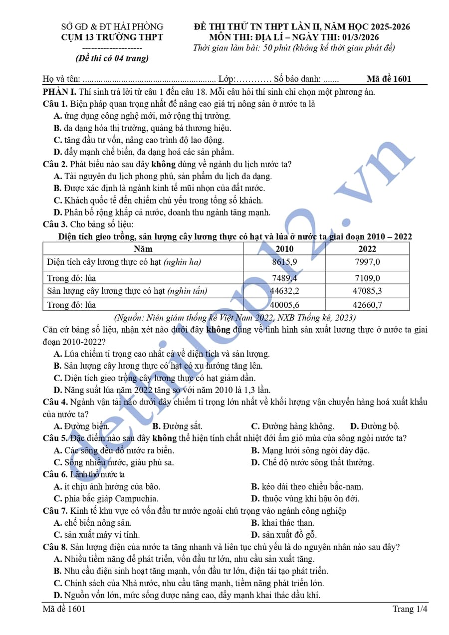 Đề thi thử tốt nghiệp môn địa cụm 13 trường THPT Hải Phòng