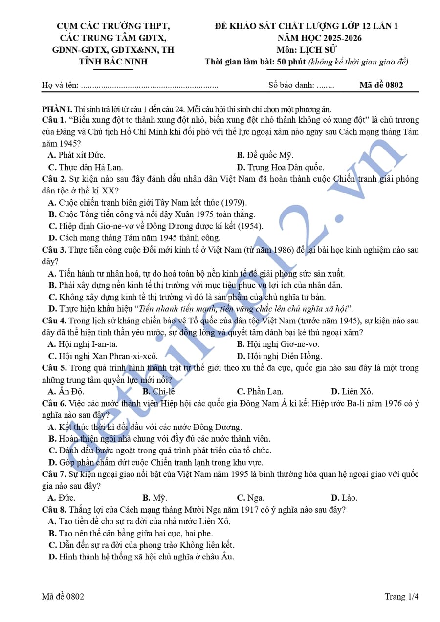 Đề thi thử tốt nghiệp môn sử lần 1 cụm THPT Bắc Ninh 2026