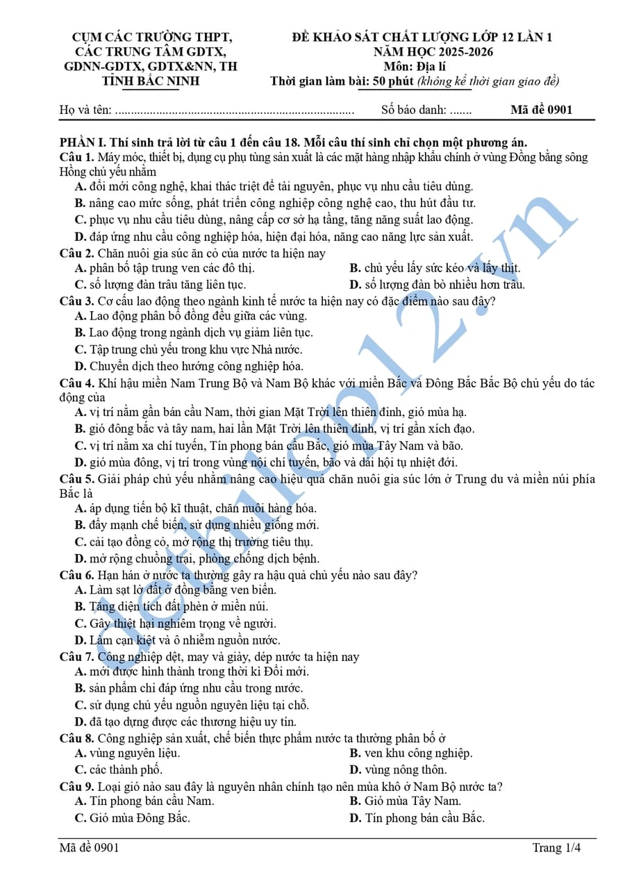 Đề thi khảo sát môn địa lần 1 cụm THPT Bắc Ninh 2026