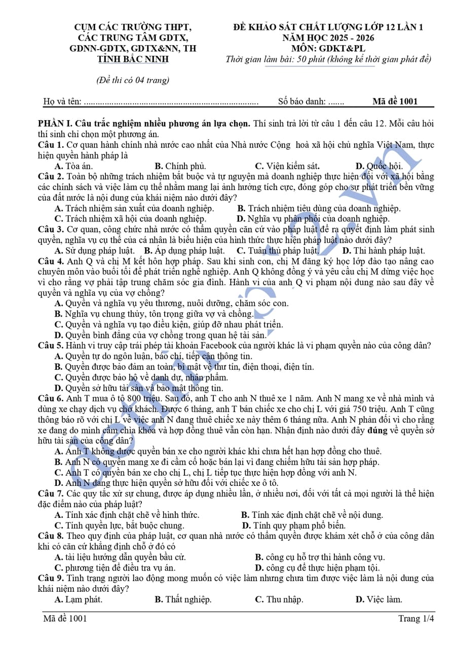 Đề thi khảo sát môn KTPL lần 1 cụm THPT Bắc Ninh 2026