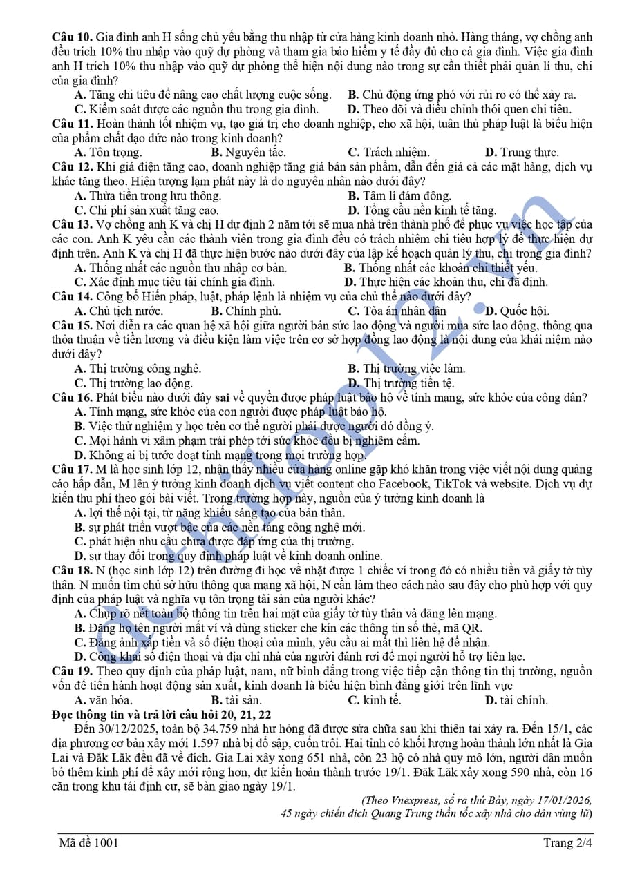 Đề thi khảo sát môn KTPL lần 1 cụm THPT Bắc Ninh 2026 2