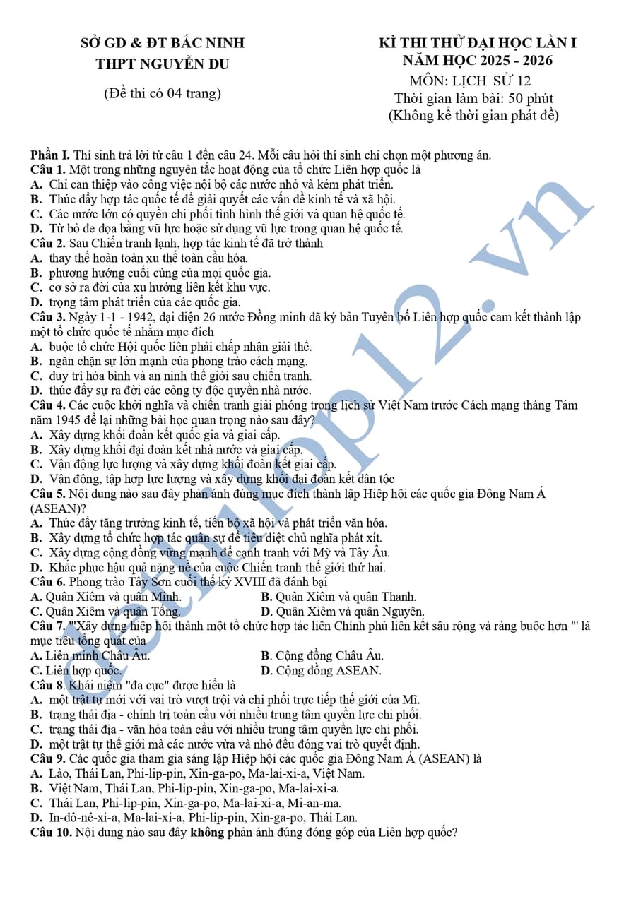 Đề thi thử đại học môn sử lần 1 THPT Nguyễn Du 2026
