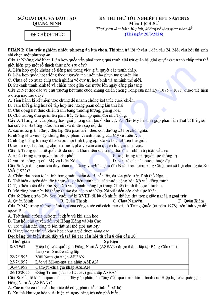 Đề thi thử tốt nghiệp môn sử lần 1 Quảng Ninh 2026