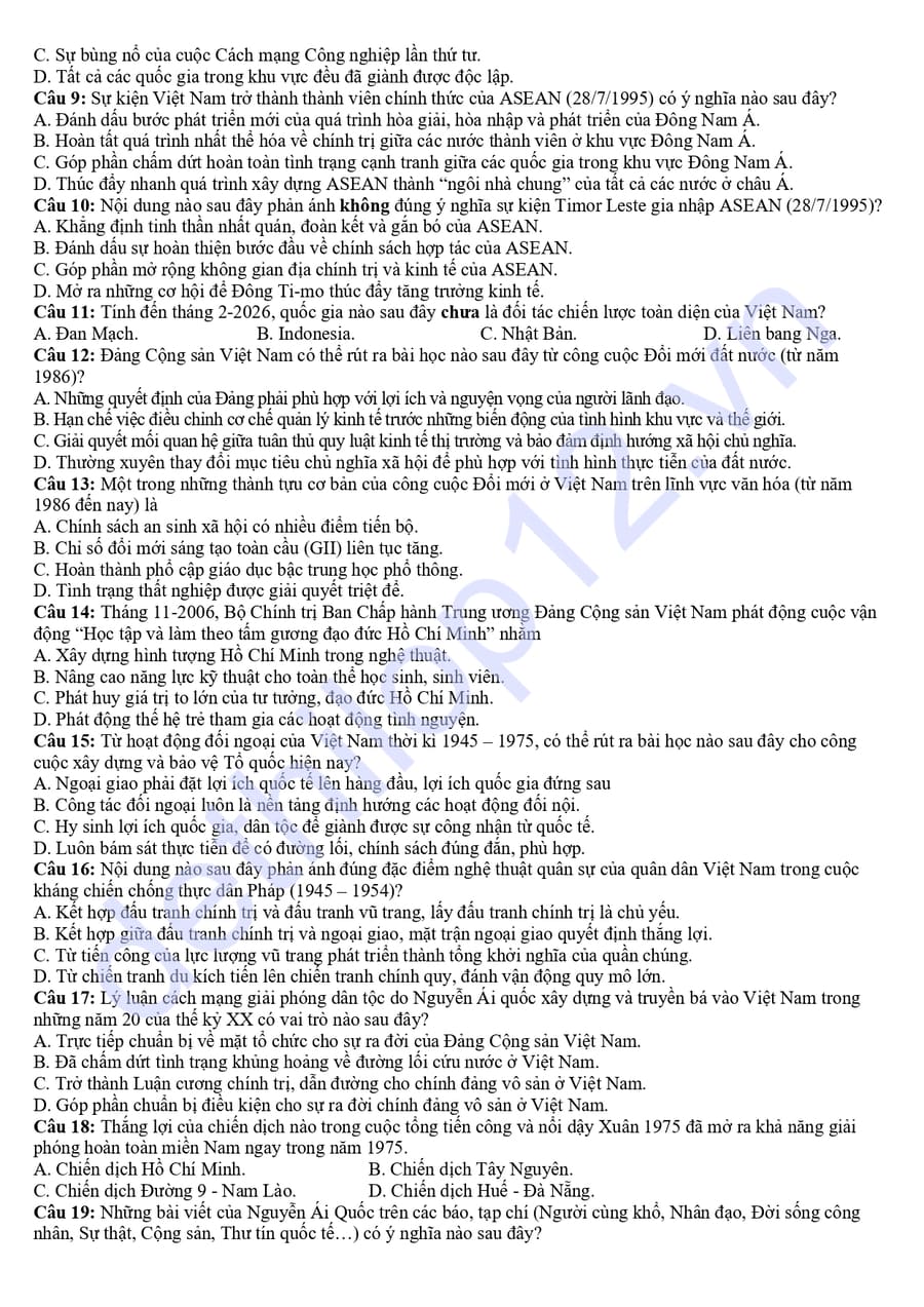 Đề thi thử tốt nghiệp môn sử lần 1 Quảng Ninh 2026 2