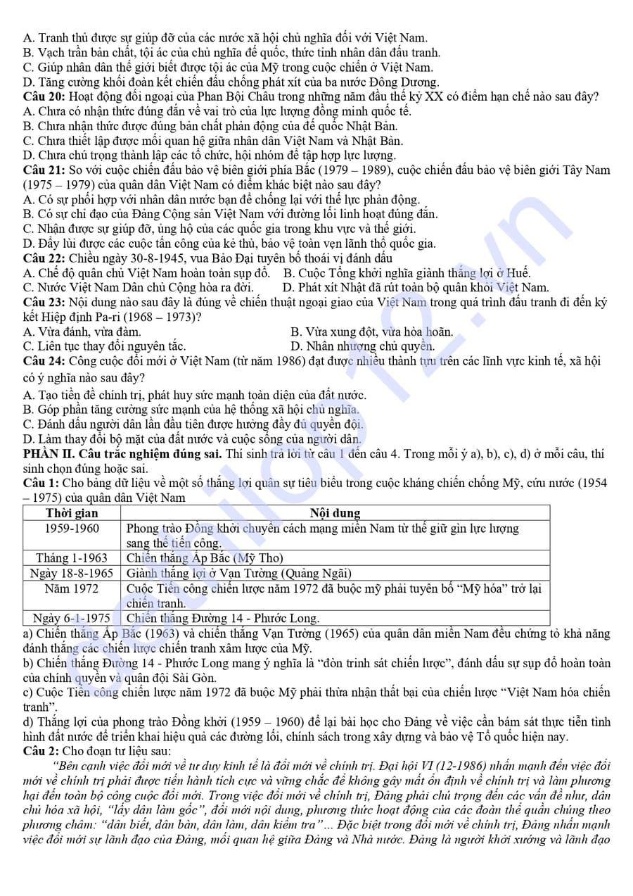 Đề thi thử tốt nghiệp môn sử lần 1 Quảng Ninh 2026 3