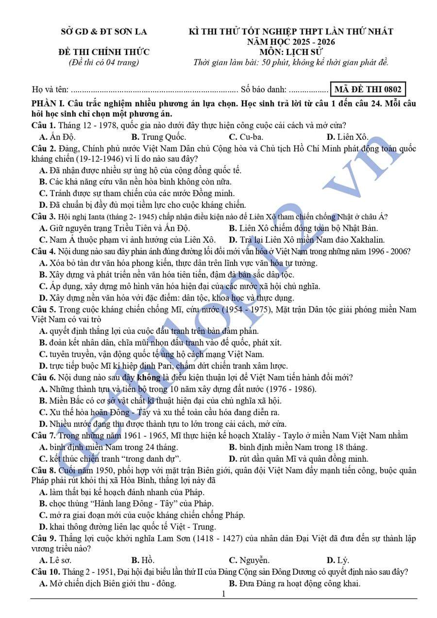 Đề thi thử tốt nghiệp môn sử Sơn La 2026 lần 1 