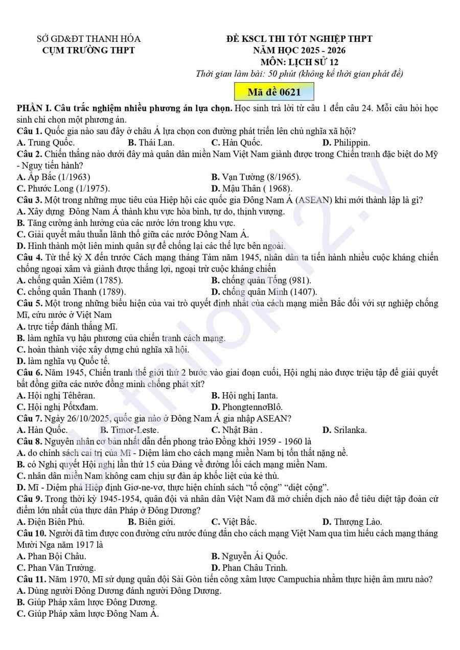 Đề thi thử lịch sử cụm THPT Thanh Hoá 2026