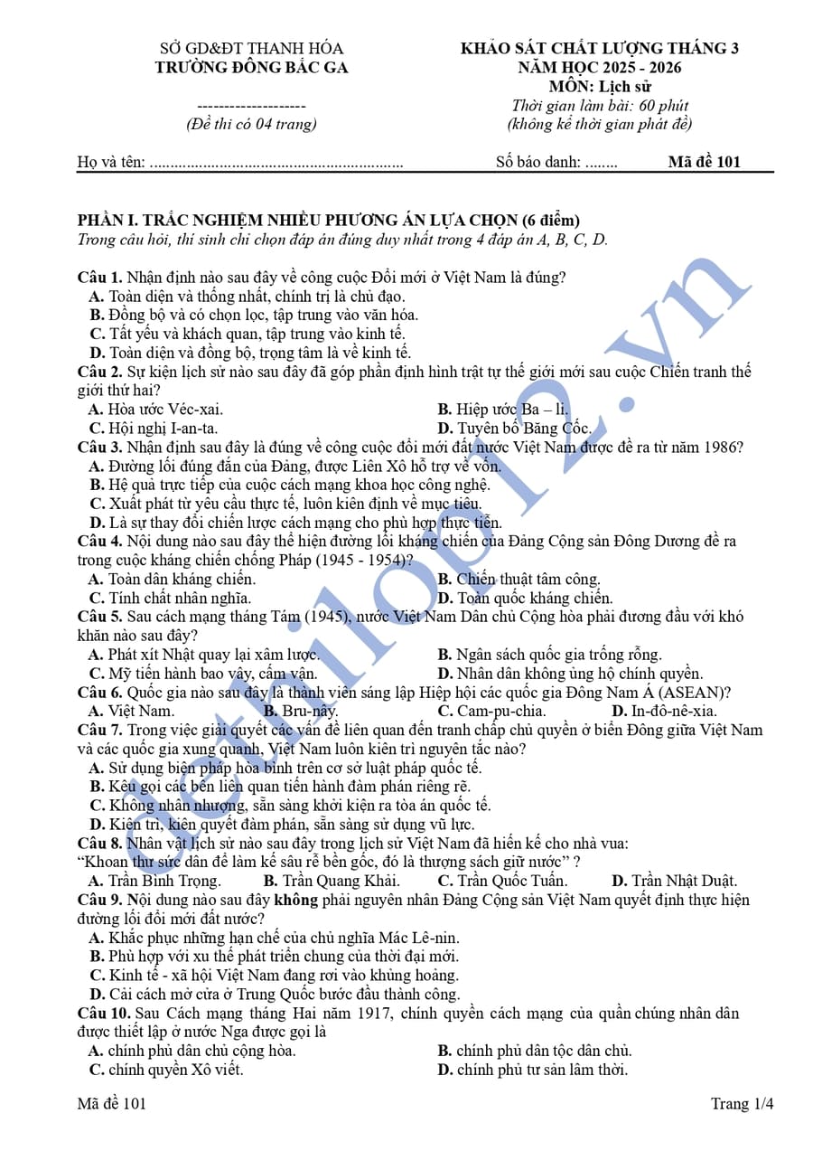 Đề thi khảo sát tháng 3 môn sử THPT Đông Bắc GA 2026
