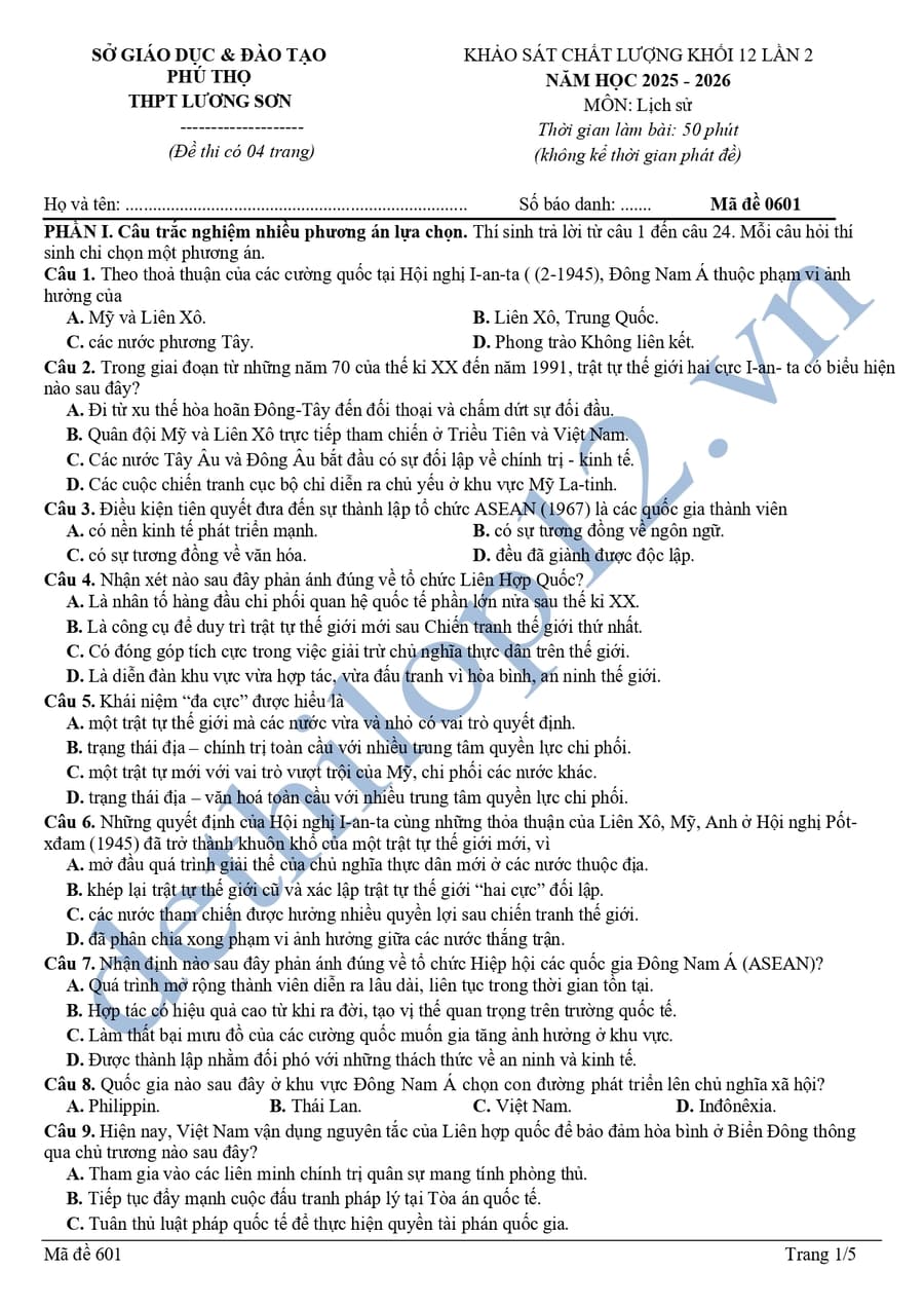 Đề thi khảo sát môn sử lớp 12 lần 2 THPT Lương Sơn 2026