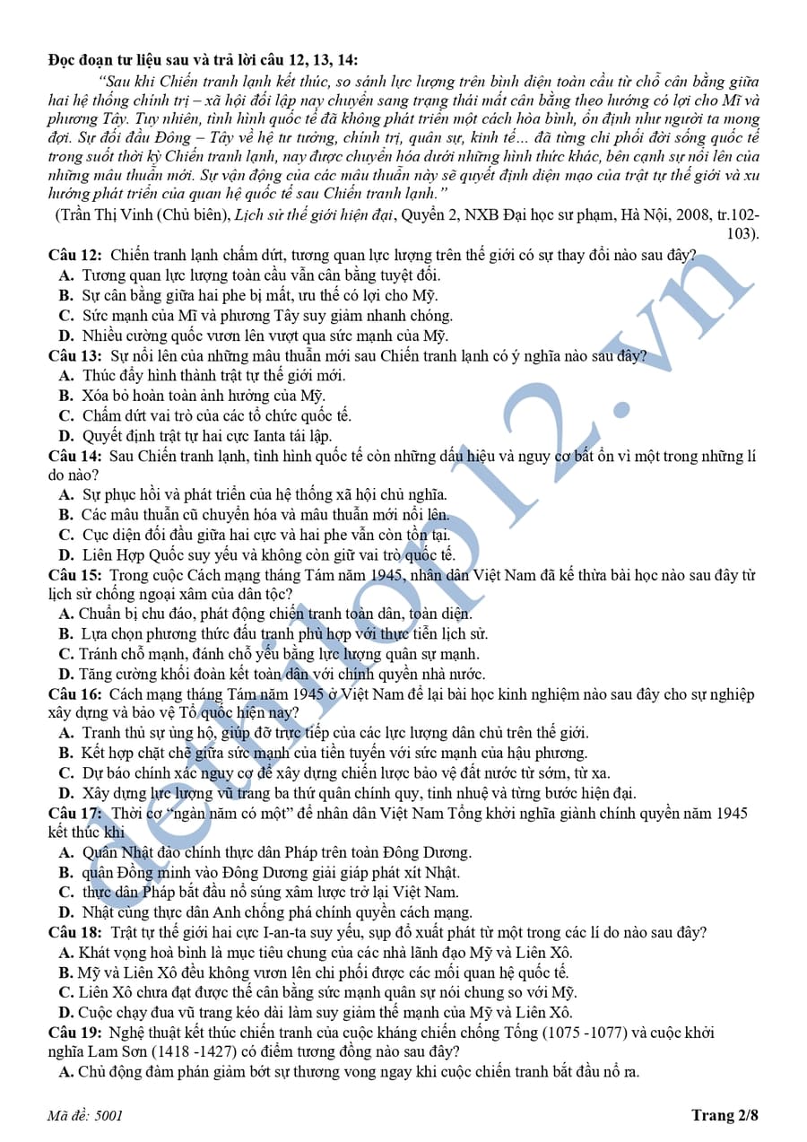 Đề thi thử tốt nghiệp môn sử THPT Lương Tài 2026 2