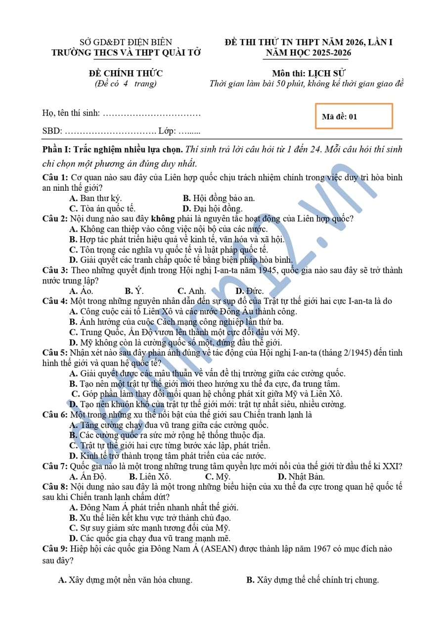 Đề thi thử lịch sử 2026 THPT Quài Tở 