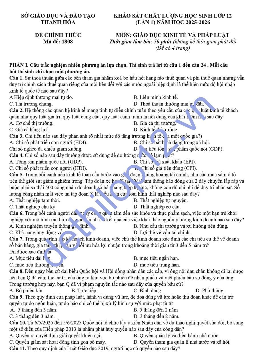 Đề thi khảo sát môn KTPL lớp 12 Thanh Hoá 2026 