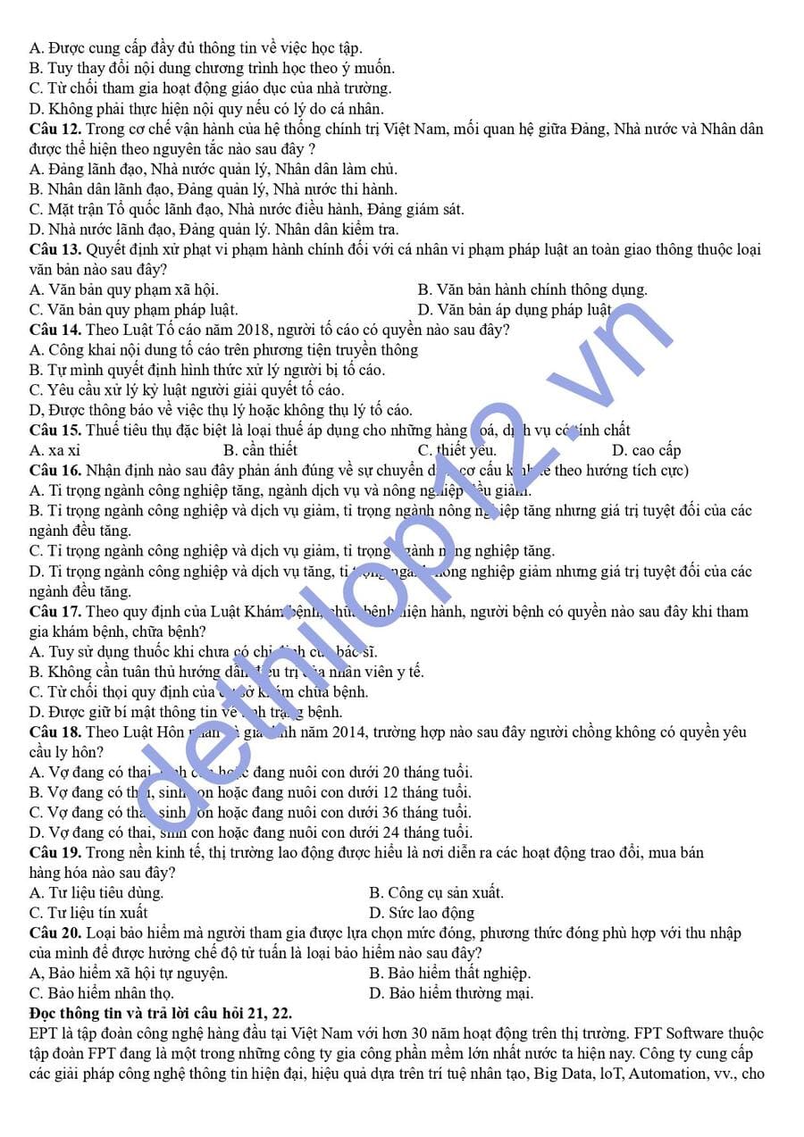 Đề thi khảo sát môn KTPL lớp 12 Thanh Hoá 2026  2