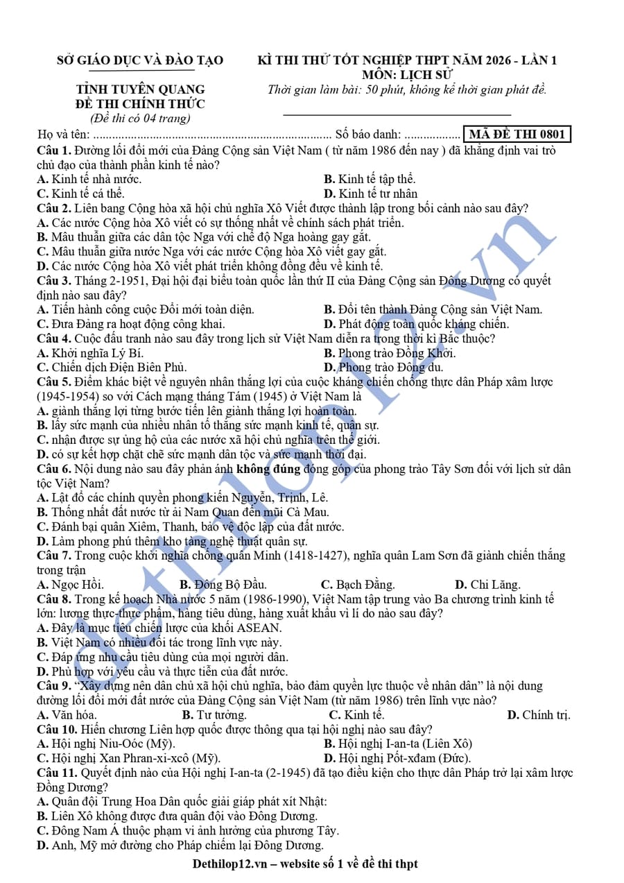 Đề thi thử tốt nghiệp môn sử Tuyên Quang 2026 lần 1