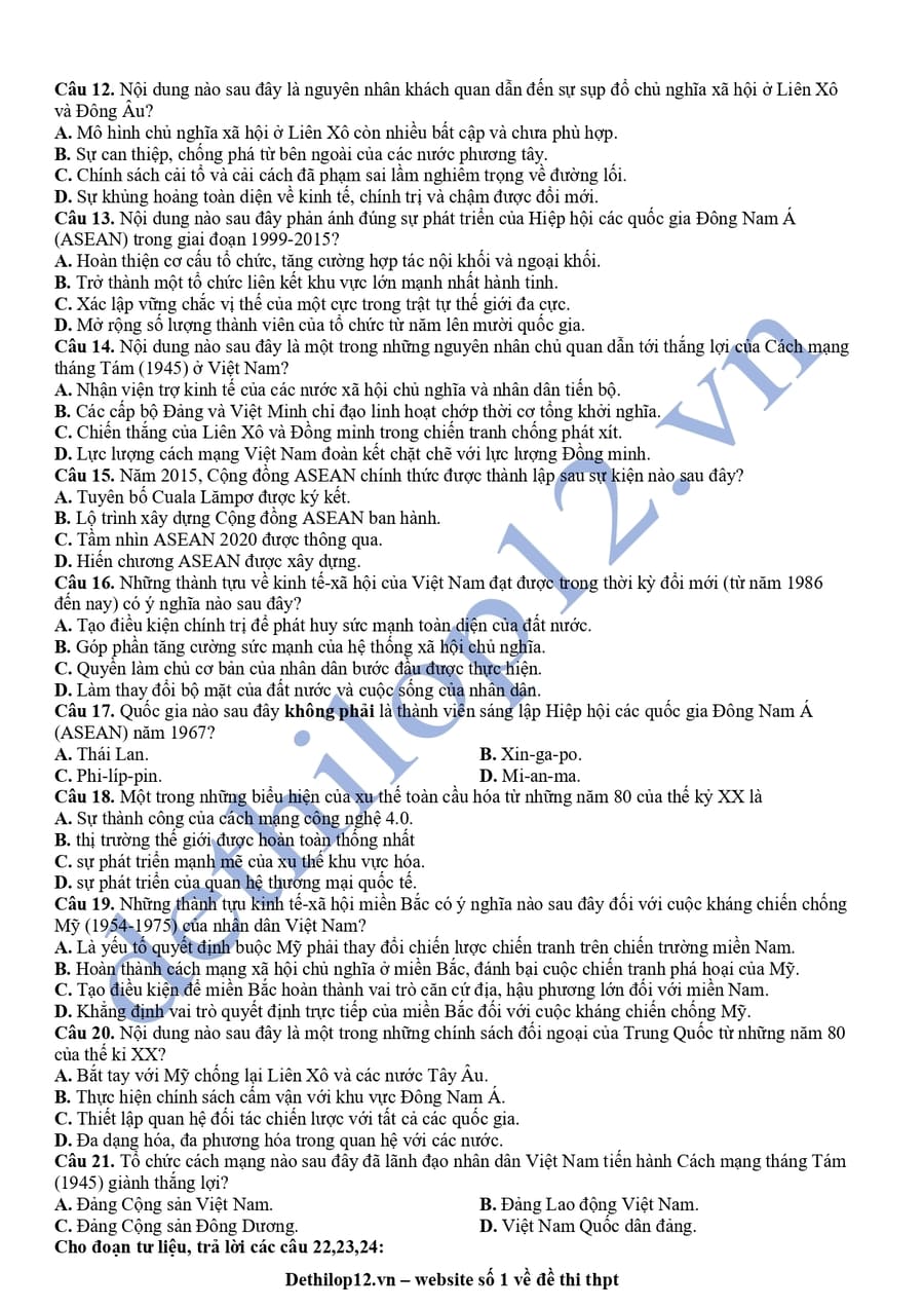 Đề thi thử tốt nghiệp môn sử Tuyên Quang 2026 lần 1 2