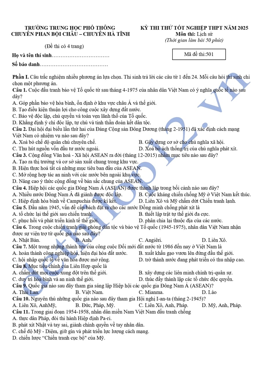 Đề thi thử tốt nghiệp môn sử chuyên Phan Bội Châu 2025 lần 1