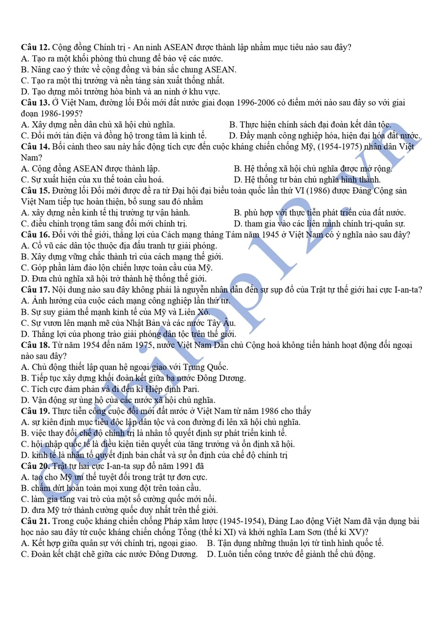 Đề thi thử tốt nghiệp môn sử chuyên Phan Bội Châu 2025 lần 1 2