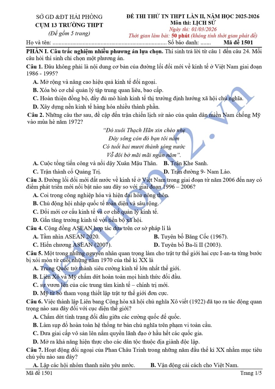 Đề thi thử môn sử cụm 13 trường THPT Hải Phòng 2026