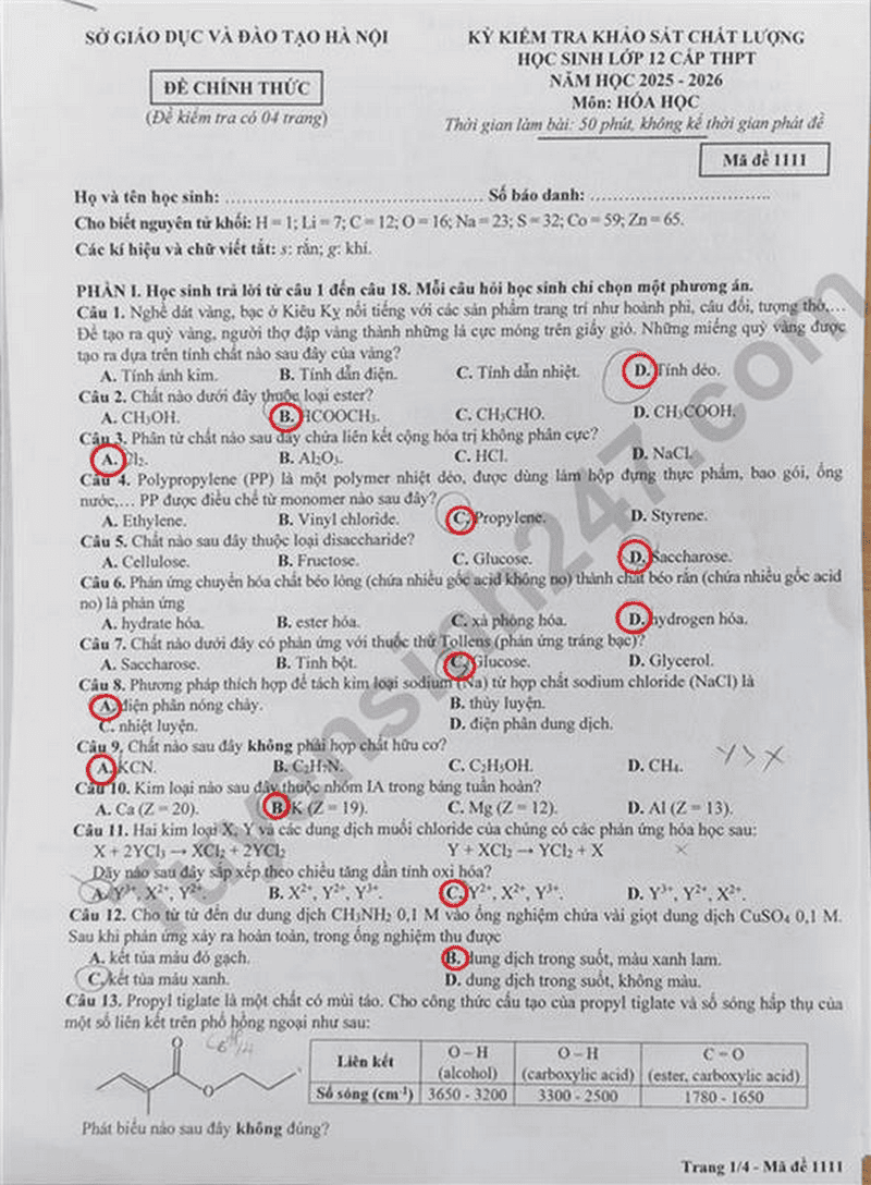 Đề thi khảo sát lớp 12 môn Hoá Hà Nội 2026 