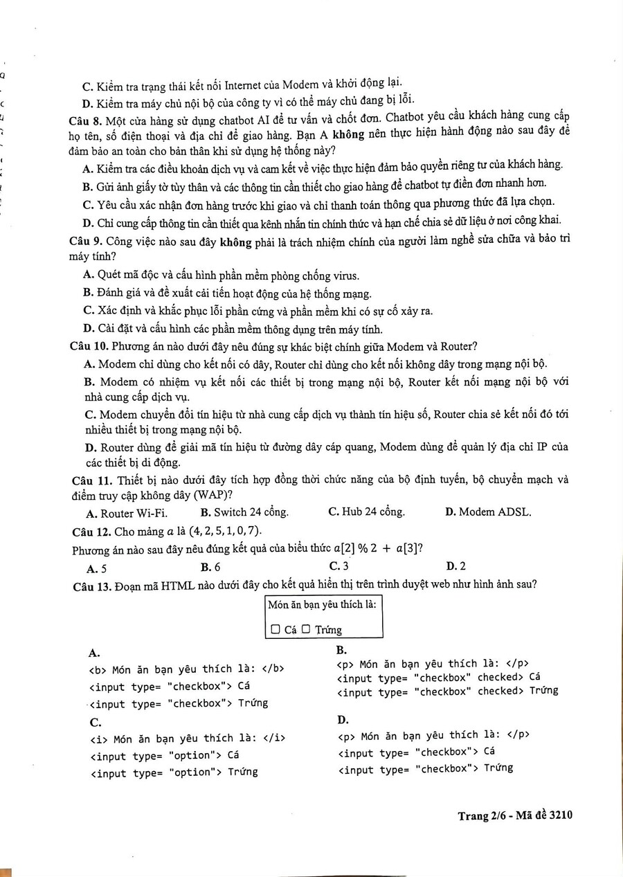Đề thi khảo sát môn tin học Hà Nội 2026 2