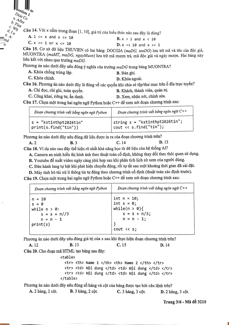Đề thi khảo sát môn tin học Hà Nội 2026 3